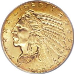 1908 $5 MS65 PCGS. The 1908 Indian Head half eagle is