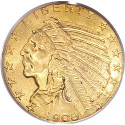 1908-S $5 MS65 PCGS. An outstanding peach-gold example