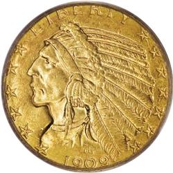 1909-O $5 AU58 PCGS. A product of the final year of op