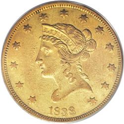 1838 $10 AU50 PCGS. The 1838 eagles were the first of