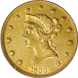 1839 $10 Type of 1838, Large Letters AU55 PCGS. The Ty