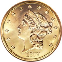 1857-S $20 MS65 NGC. Although not identified as such b