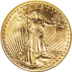 1925-S $20 MS63 NGC. The satiny surfaces are somewhat