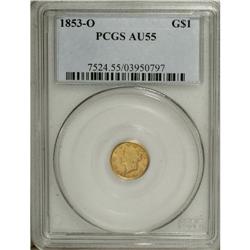 1853-O G$1 AU55 PCGS. Medium honey-gold toning visits 