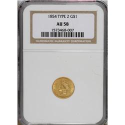 1854 G$1 Type Two AU58 NGC. Typical moderate die clash
