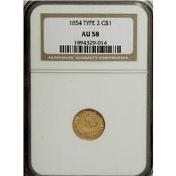 1854 G$1 Type Two AU58 NGC. Despite the redesign of th