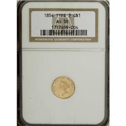 1854 G$1 Type Two AU58 NGC. The 1854 and 1855 Type Two