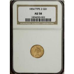 1854 G$1 Type Two AU58 NGC. The initial Type One gold