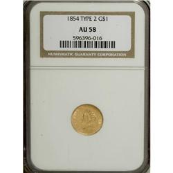 1854 G$1 Type Two AU58 NGC. For some reason the dies c