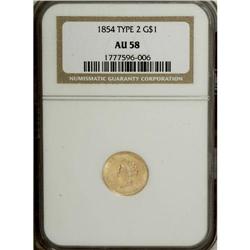 1854 G$1 Type Two AU58 NGC. The straw-gold surfaces ar