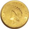 Image 1 : 1854 G$1 Type Two MS62 NGC. The yellow-gold surfaces o