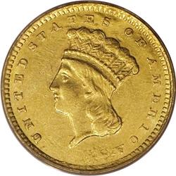 1857-C G$1 AU58 PCGS. Variety 10-L. The 1857-C gold do