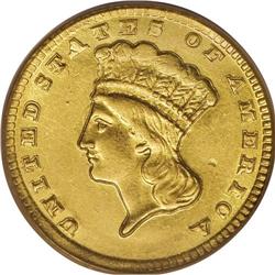 1857-D G$1 AU58 PCGS. Variety 9-L. Luster graces the b