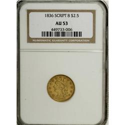 1836 $2 1/2 Script 8 AU53 NGC. Head of 1835, Breen-614