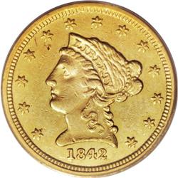1842-D $2 1/2 AU50 PCGS. Variety 3-F. The 1842-D quart