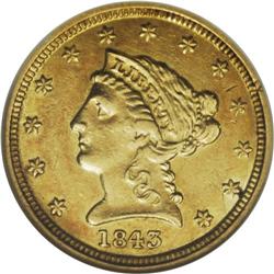 1843-D $2 1/2 Small D AU55 NGC. The Dahlonega Mint str