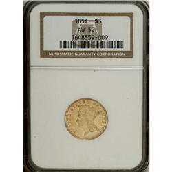 1854 $3 AU50 NGC. Light wear is noted on the highpoint