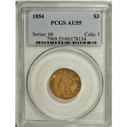 1854 $3 AU55 PCGS. A subtly lustrous orange-gold repre
