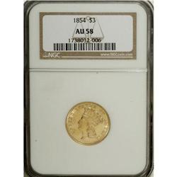 1854 $3 AU58 NGC. Liberty''s hair near her ear and bel