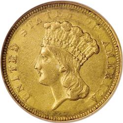 1854-O $3 AU53 NGC. The inaugural year of the three do