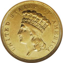 1854-O $3 AU55 NGC. Light reddish accents are seen ove