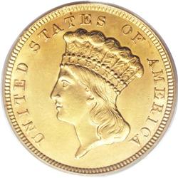 1856 $3 MS62 PCGS. The 1856 three dollar gold piece, a