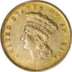 1856-S $3 AU50 PCGS. Medium S. Luster fills the headdr