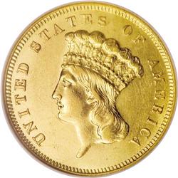 1856-S $3 AU58 NGC. Ex: Rocky Mountain Collection. Thi