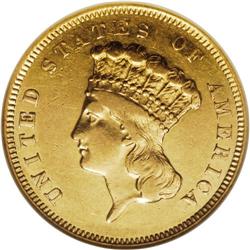 1857-S $3 AU53 NGC. Despite a production of only 14,00