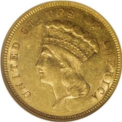 1859 $3 AU55 NGC. This attractive Choice AU example di