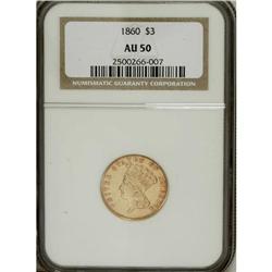 1860 $3 AU50 NGC. A scant 7,036 pieces were struck for