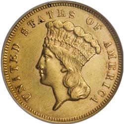 1866 $3 AU58 NGC. Mintages were slightly higher during
