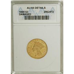 1869 $3 --Damaged--ANACS. AU55 Details. The 1869 has a