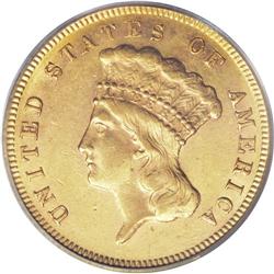 1871 $3 AU58 PCGS. Only 1,300 pieces were struck of th