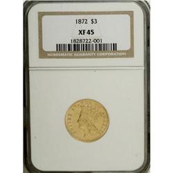 1872 $3 XF45 NGC. This is a rare date that is seldom f