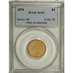 1874 $3 AU53 PCGS. This charming three dollar piece ha