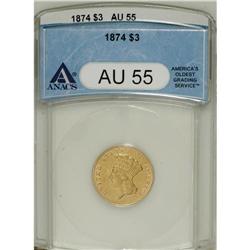 1874 $3 AU55 ANACS. This three dollar piece has slight