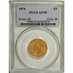 1874 $3 AU55 PCGS. The first post-war issue to achieve