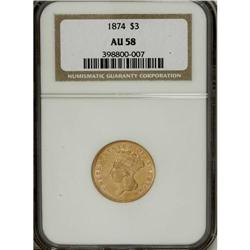 1874 $3 AU58 NGC. Strongly reflective with just a touc