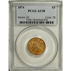 1874 $3 AU58 PCGS. The 1854, 1874, and 1878 three doll