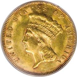 1878 $3 MS60 PCGS. Vibrant lime-green and copper-red t
