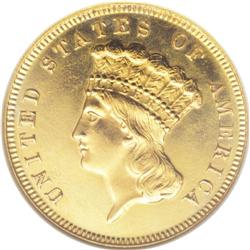 1878 $3 MS64 S NGC. This is a one-sided prooflike exa