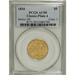 1834 $5 Plain 4 AU50 PCGS. First Head, Breen-6501, McC