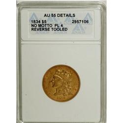 1834 $5 Plain 4--Reverse Tooled--ANACS. AU55 Details.