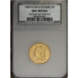 1834 $5 Plain 4--Tooled, Altered Surface--NCS. Unc Det