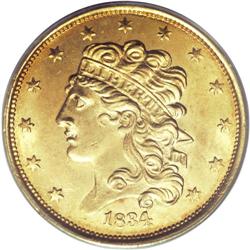 1834 $5 Plain 4 MS62 PCGS. First Head, Breen-6501, McC