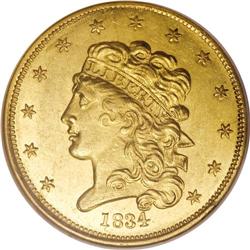 1834 $5 Plain 4 MS62 NGC. Second Head, Small Plain 4,