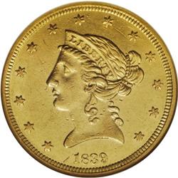 1839 $5 AU58 NGC. The Mint first struck Christian Gobr