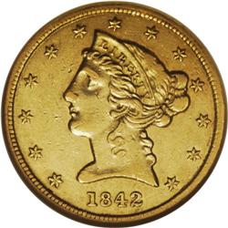 1842 $5 Small Letters AU50 NGC. This is a challenging