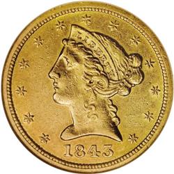 1843-O $5 Large Letters AU53 NGC. Most easily recogniz